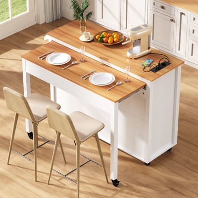 MODENUIT Kookeiland - Uitschuifbaar Werkblad en Stopcontacten - Voor Keuken en Eethoek - MDF - 120x40-75x92 Cm - Wit