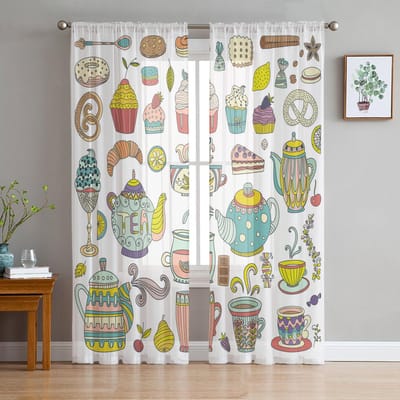Theepot Gebak Fruit Theekopje Bloemen Transparante Gordijnen voor Woonkamer Decoratie Raamgordijnen Keuken Tule Voile Gordijnen W135 x H115cm x1 white