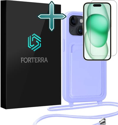 Hoesje Geschikt voor iPhone 15 Plus Pashouder Case Siliconen Hoes Met Koord Met Screenprotector - Hoes Geschikt voor iPhone 15 Plus Met Telefoonkoord Hoesje Back Cover Met Pasjeshouder - Lila
