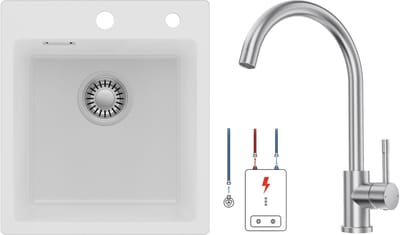 Auralum max Spoelbak voor keuken 40x45CM - Graniet Spoelbakken Met Lage druk Keukenkraan - Enkele spoelbak Wit - Met waterafvoersysteem - Voor 40 cm kast