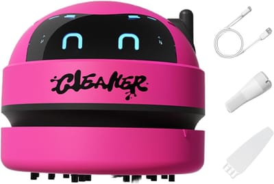 Draadloze mini-stofzuiger voor het bureau met robotdesign, oplaadbaar via USB, 3 snelheidsstanden, led-display en afneembaar mondstuk; geschikt voor thuis, kantoor, auto, toetsenbord en bureau – Rood