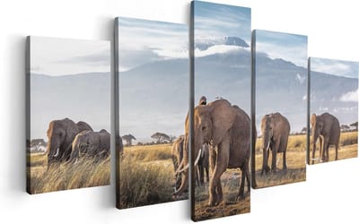 Artaza Canvas Schilderij Vijfluik Groep Olifanten Lopen Voor De Bergen - 100x50 - Foto Op Canvas - Canvas Print