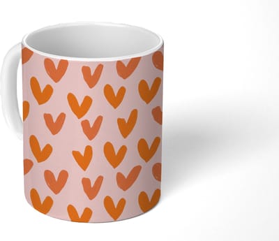 Mok - Koffiemok - Hartjes - Getekend - Oranje - Mokken - 350 ML - Beker - Koffiemokken - Theemok
