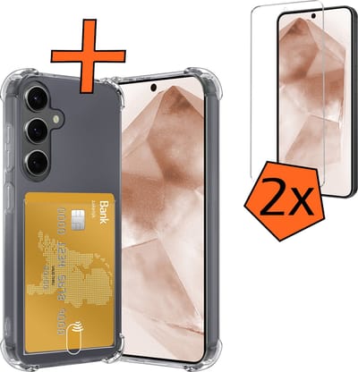 Hoes - Geschikt voor Samsung Galaxy A55 - Met 2x Screenprotector - Pashouder - Kaarthouder - Telefoon Hoesje Shockproof - Siliconen Case - Back Cover - Shock Proof - Pasjes Houder - Transparant