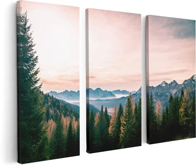 Artaza Canvas Schilderij Drieluik Bos Met Bomen Bij Bergen Landschap - 120x80 cm - Wanddecoratie Woonkamer - Schilderijen - Muurdecoratie