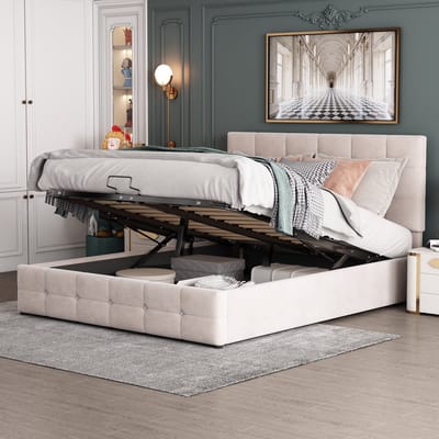 MIVRAY Gestoffeerd Bed 140x200cm - Zonder Matras Met Hydraulische Opbergruimte En Verstelbaar Hoofdbord - Met Lattenbodem - Fluweel - Crèmekleurig