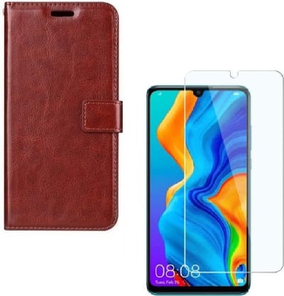hoesje Geschikt voor: Huawei P30 Portemonnee bruin met 2 stuks Glas Screen protector