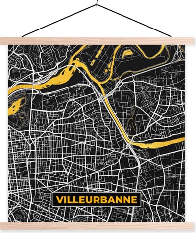 Posterhanger incl. Poster 40x40 cm - Schoolplaat - Villeurbanne - Stadskaart – Plattegrond – Kaart – Frankrijk - Textielposter - Blanke latten - Stadskaart