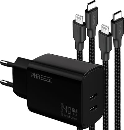 Phreeze usb C oplader 40 W - Geschikt voor iPhone 14 13 12 11 X XR XS Max Pro Mini Plus en iPad met Lightning kabel - Dual usb C oplader met 2 kabels 1m
