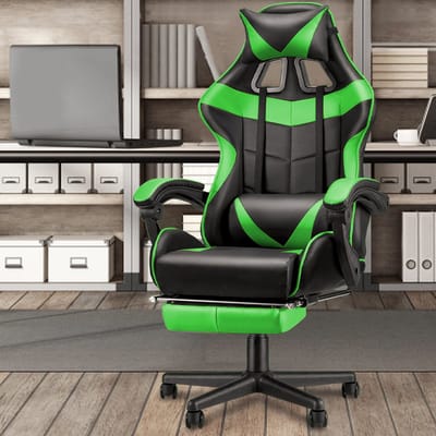 Soontrans Groen-Gaming Stoel met Inklapbare Voetensteun, Gamestoel Verstelbaar Rugleuning, Armsteun, Ergonomische Gaming Chair als Bureaustoel, Uitgerust Met Hoofdsteun en Lendensteun, PU Kunstleer Computerstoel Gaming Voor Volwassenen en Jongeren