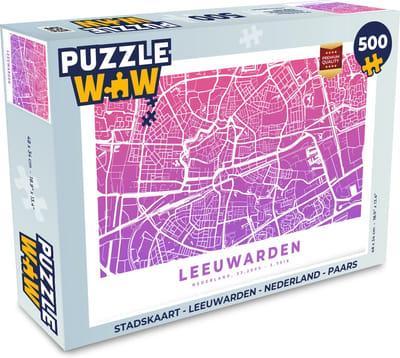 Puzzel Stadskaart - Leeuwarden - Nederland - Paars - Legpuzzel - Puzzel 500 stukjes - Plattegrond