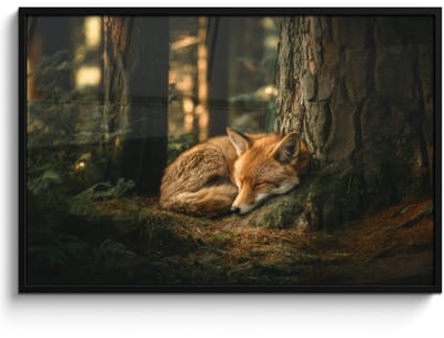 Poster in lijst - Fotolijst 120x80 cm - Posters - Vos - Bos - Slapen - Posterlijst zwart - Decoratie - Wanddecoratie woonkamer - Muurdecoratie slaapkamer