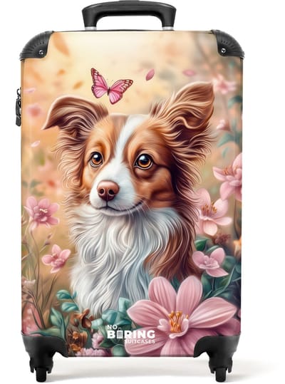 NoBoringSuitcases.com® - Kinderkoffer meisje - Kindertrolley meisjes - Hond in bloemenveld met vlinders - Handbagage koffer lichtgewicht - Reiskoffer trolley kinderen - Rolkoffer met wieltjes - Past binnen 55x40x20 en 55x35x25