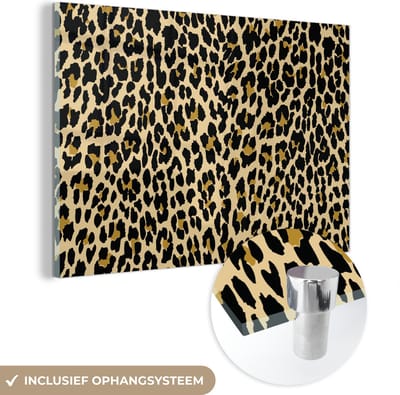 MuchoWow® Glasschilderij 60x40 cm - Schilderij acrylglas - Luipaardprint - Design - Geel - Foto op glas - Schilderijen