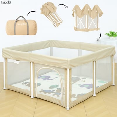 Lucellia® Grondbox Baby - Speelbox & Kruipbox Inklapbaar -Playpen- Kinderbox met Speelmat & 50 Ballenbak Ballen -Opbergtas- 125x125 - Beige