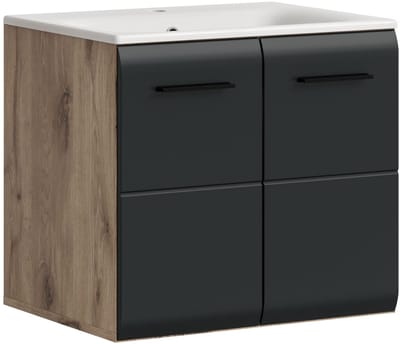 Wastafel met keramieken wasbak - Zwart mat en Nox Oak - Ruime opbergkast