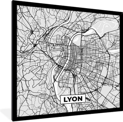 Fotolijst incl. Poster - Frankrijk - Lyon - Stadskaart - Plattegrond - Kaart - 40x40 cm - Posterlijst