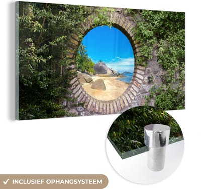 MuchoWow® Glasschilderij 40x20 cm - Schilderij acrylglas - Zomer - Strand - Doorkijk - Tropical - Foto op glas - Schilderijen