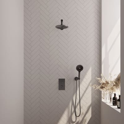 Brauer Gunmetal Carving thermostatische inbouw regendouche 3-weg omstelling SET 31 met 20 cm douchekop en rechte muurarm en 3-standen handdouche en doucheslang en wandaansluitbocht gunmetal geborsteld PVD