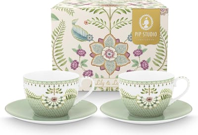 Pip Studio Lily & Lotus Light Green Kop en schotel set van twee - Groen - Porselein