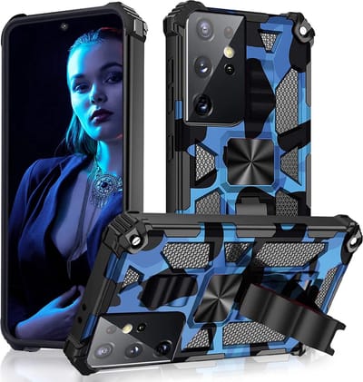 Hoesje Geschikt Voor Samsung Galaxy S21 Ultra hoesje rugged extreme backcover met ring houder Camouflage - Blauw