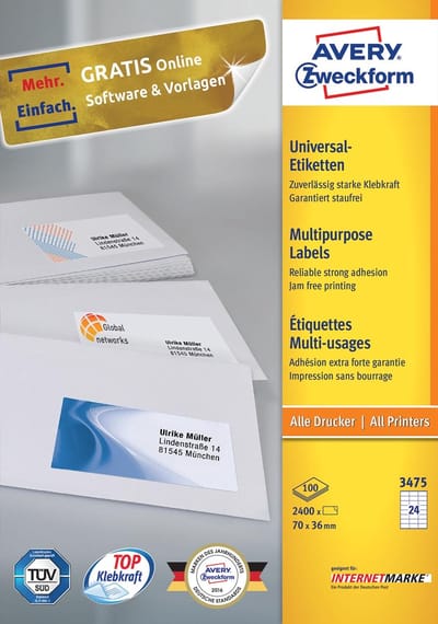 Avery Zweckform 3475, Universele etiketten, Ultragrip, wit, 200 vel, 24 per vel, 70 x 36 mm 5 stuks