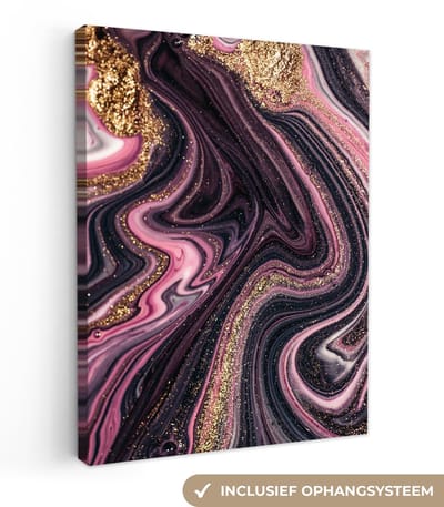 Canvas schilderij 30x40 cm - Wanddecoratie Marmerlook - Roze - Paars - Goud - Luxe - Marmer - Muurdecoratie woonkamer - Slaapkamer decoratie - Kamer accessoires - Schilderijen op canvas
