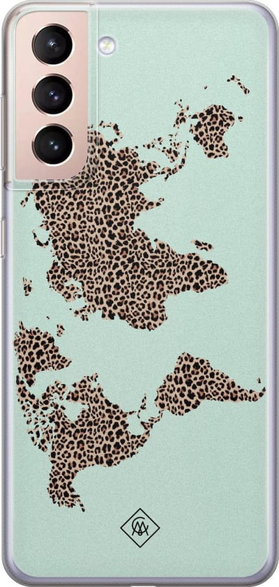 Casimoda® hoesje - Geschikt voor Samsung S21 Plus - Wereldkaart blauw luipaard - Backcover - Siliconen/TPU - Blauw