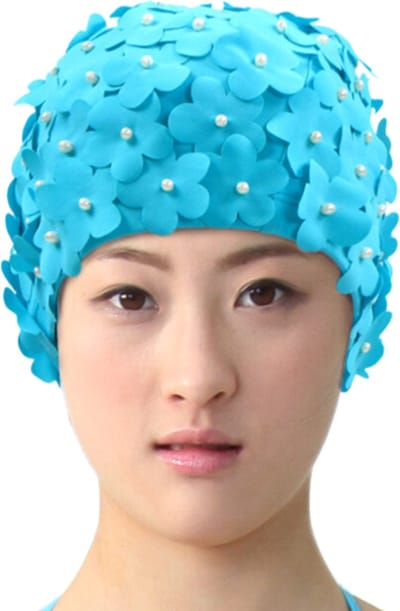 Retro Badmuts met bloemen en parels - Aqua blauw- voor zwemmen en douchen