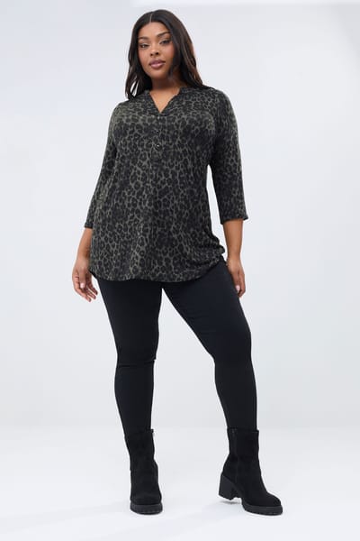 Yours Donkergroene Top Met Luipaardprint En Knoopsluiting Size 42
