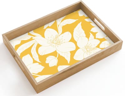 Dienblad hout 40x30 cm - Schootdienblad - Bloemen - Patroon - Geel - Wit - Borrelplank rechthoek - Plateau dienbladen