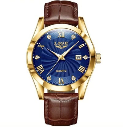 Lige - Herenhorloge - Leren Band - Polshorloge - Heren - Horloge - Horlogedoos - Mannen - Goud & Blauw - Polsband Bruin