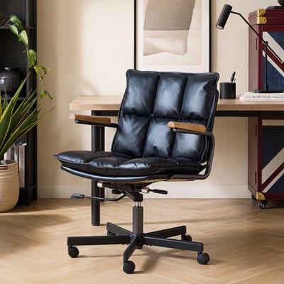 Leren Ergonomische Bureaustoel - Zwarte Directiestoel Echt Leer - Home Office Bureaustoel Zwart - 65x46x72 cm - In Hoogte Verstelbaar - Kantoor Zwart