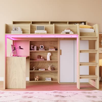 Multifunctionele Hoogslaper 90x200 cm - bureau - kledingkast - opbergkast - LED en stopcontact - lattenbodem - houtkleur