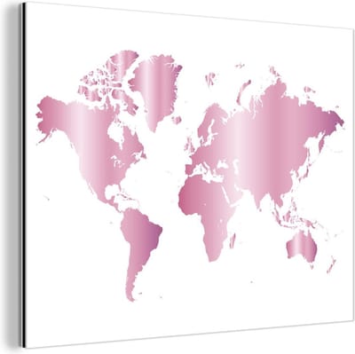 Aluminium schilderij 120x90 cm - Wanddecoratie metaal - Wereldkaart - Roze - Glans - Metalen muurdecoratie woonkamer - Decoratie industrieel - Foto op dibond - Industriële accessoires slaapkamer