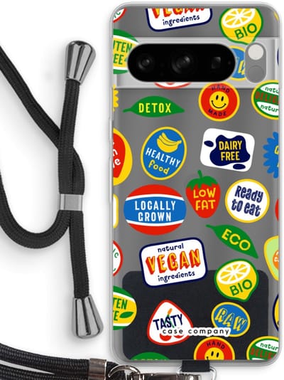 Case Company® - Hoesje met koord geschikt voor Google Pixel 8 Pro hoesje met Koord - Fruitsticker - Telefoonhoesje met Zwart Koord - Bescherming aan alle Kanten en Over de Schermrand
