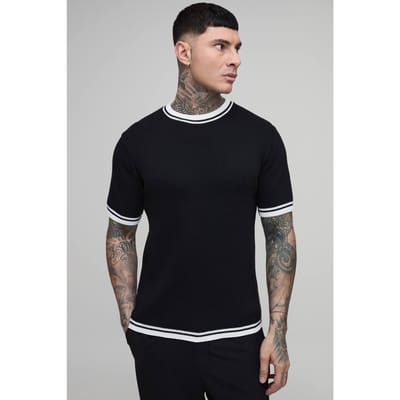 Lang Getailleerd Gebreid T-shirt Van Katoenmix Met Getipt Detail | Black | Size XS