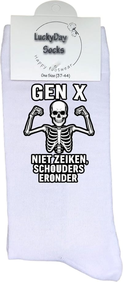 Gen X - Generatie X - Schouders eronder - LuckyDay Socks - Skull - Grappige sokken - Sport sokken - Vaderdag - Moederdag - Cadeau sokken - Pensioen cadeau - Verjaardag cadeau - Beterschap cadeau - Opkikker - Schoen cadeau - Kerst cadeau - Maat 37-44