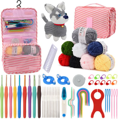 63-Delige Haakset in Roze – Complete DIY Crochet Set met Haaknaalden, Accessoires & Opbergtas – Starter Kit voor Beginners en Gevorderden