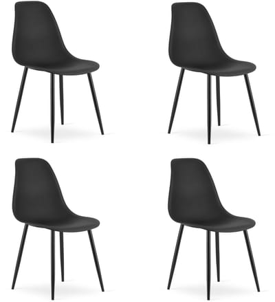 Set van 4 Stoelen WAT – Zwart, Zwarte Metalen Poten, Kunststof Zitting – Modern en Ergonomisch – Geschikt voor Eetkamer, Woonkamer, Keuken, Thuiswerkplek, Kantine en Wachtruimte – Eenvoudige Montage
