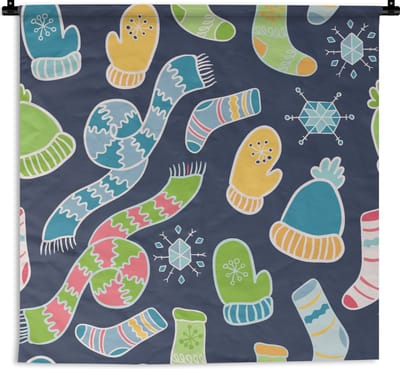 Wandkleed - Wanddoek - Sjaal - Handschoenen - Muts - Regenboog - Winter - Patronen - 90x90 cm - Wandtapijt
