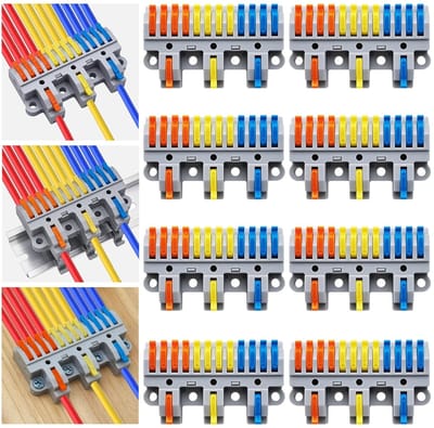 3-in-1 Lever Clamp Kit voor Aansluiting van Drie Ingangen naar Twaalf Uitgangen, Geschikt voor DIN Rail en Schroefmontage, Voor 28-12AWG Draden, Inclusief 8 Sets en Betrouwbare Verbindingen