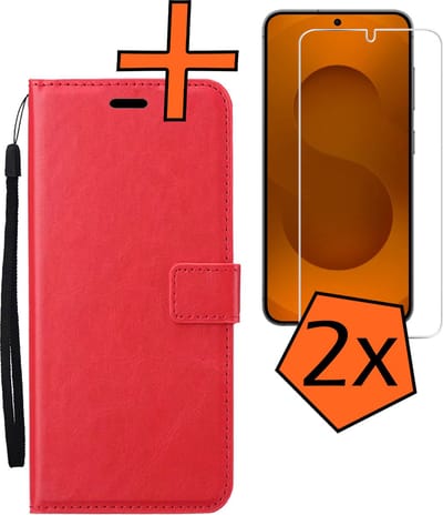 Hoes - Met 2x Screenprotector - Geschikt voor Samsung Galaxy S25 - Luxe Pasjeshouder - Bookcase Portemonee - Flip Case - Kunstleer Book Case - Flipcase Hoes - Book Cover - Walletcase - PortemonneeHoes - Rood