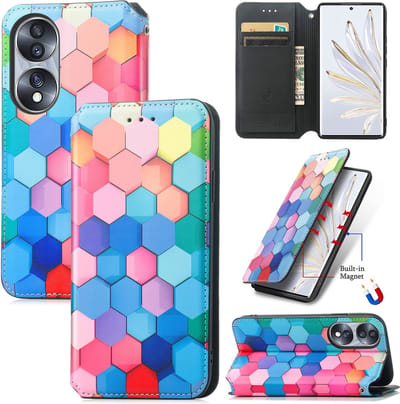 Luxe PU Lederen Wallet Case met Magneetsluiting voor Honor 70 _ kleurrijke Honingraat