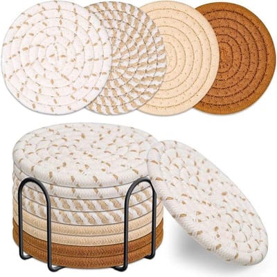 QTTVBTNA - Onderzetters met Houder - Set van 8 - Onderzettersset Voor Glazen Met Houder - Wasbaar Slijtvast en Hittebestendig - Geschikt Voor Bekers,Kopjes en Tafel Decoratie - Bruin