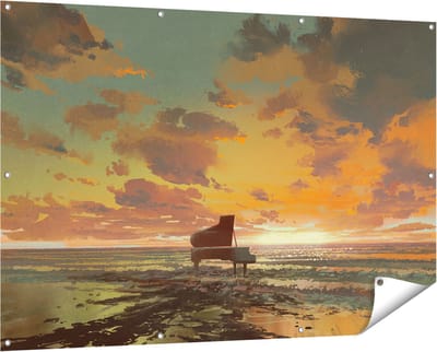 Gards Tuinposter Piano op het Strand bij Zonsondergang - 150x100 cm - Tuindoek - Tuindecoratie - Wanddecoratie buiten - Tuinschilderij