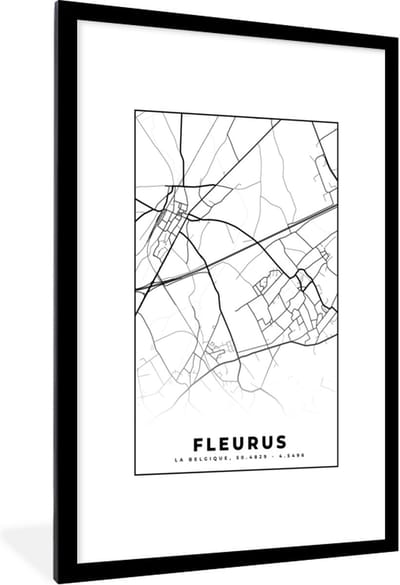 Fotolijst incl. Poster Zwart Wit- Plattegrond – Fleurus – Zwart Wit – Stadskaart - Kaart - België - 80x120 cm - Posterlijst
