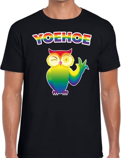 Yoehoe knipogende regenboog uil - gay pride - t-shirt - zwart - voor heren - Gay pride S