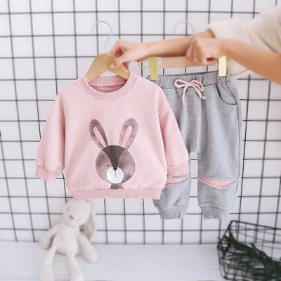 Mode Nouvelle Collection Printemps Automne Vêtements Bébé Fille Enfants Mignon Décontracté T-shirt Pantalon 2 Pièces/Ensembles Toddler Costume de Sport Survêtements Enfants 12M gray