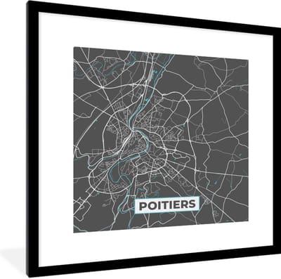 Fotolijst incl. Poster - Frankrijk - Plattegrond - Poitiers - Kaart - Stadskaart - 40x40 cm - Posterlijst